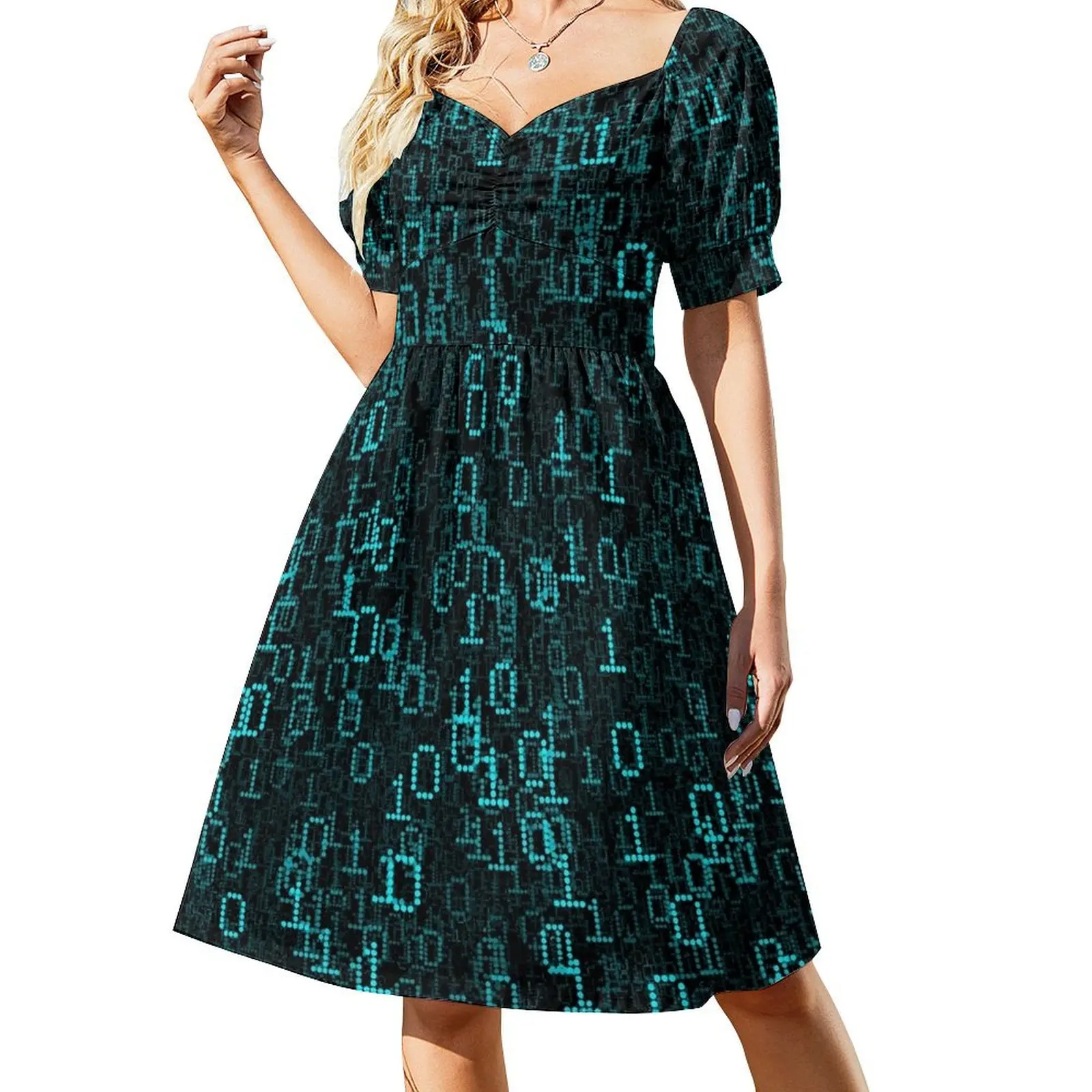 thumbnail image 1 of Vestido de manga corta con datos binarios en la nube, vestidos de fiesta para mujer, vestido de verano para mujer ., 1 of 8