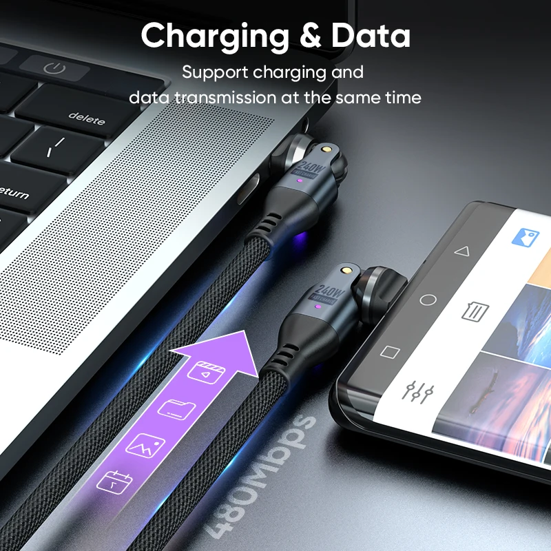 รูปสินค้า สายชาร์จ USB-C หมุนได้ พร้อมไฟแสดงสถานะ