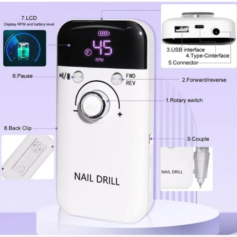 45000RPM Electric Nail Drill Machine for Gel Nails Polish Rechargeable Portable File Manicure Tool