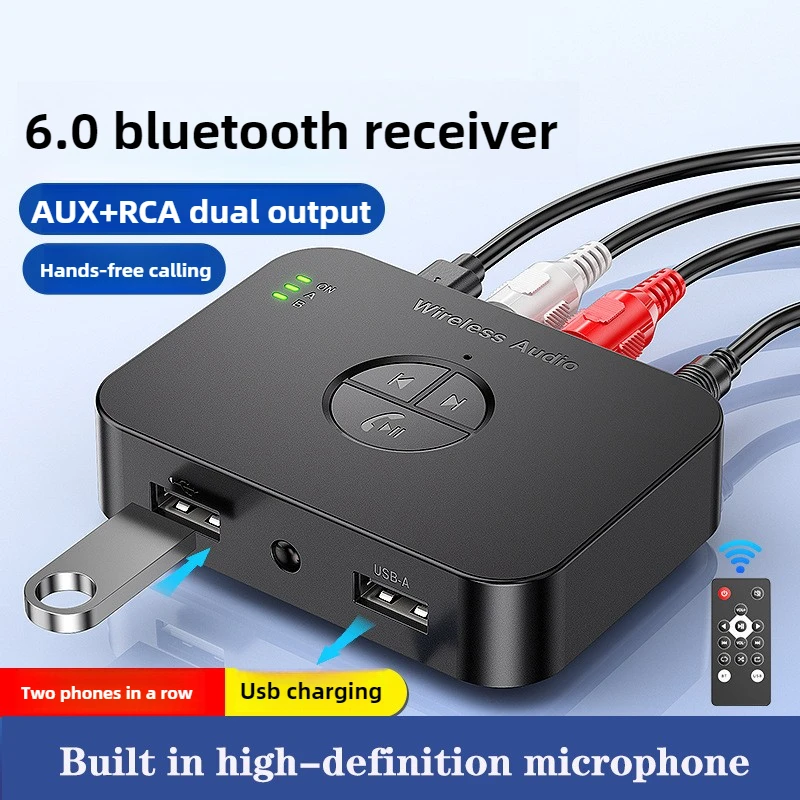 무선 오디오 어댑터 블루투스 6.0 수신기 RCA 3.5mm AUX 잭 스테레오 음악 무선 어댑터 지원 U-디스크 재생 자동차 키트