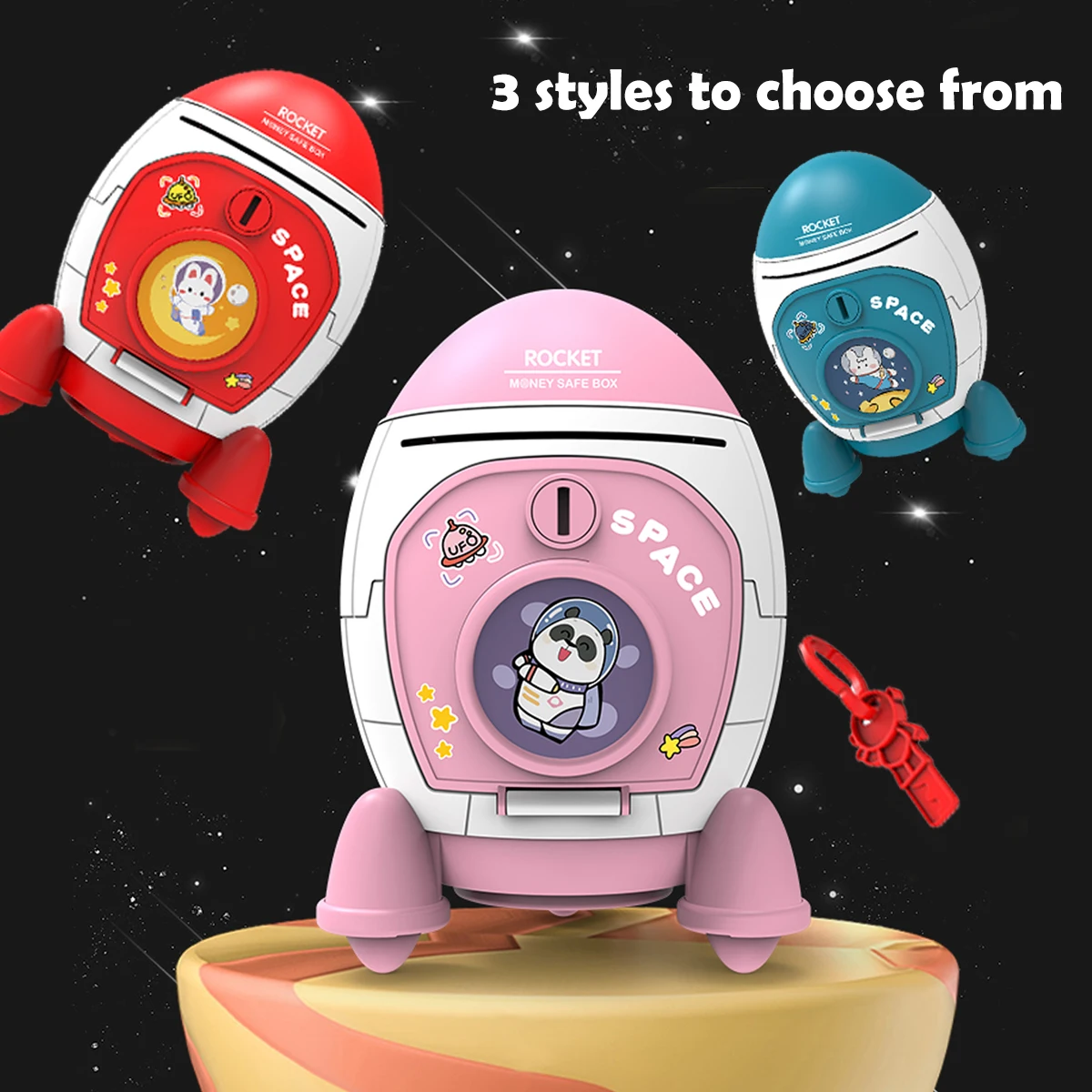 Rocket Piggy Bank Toy Key Unlocking Spacecraft Large Capacity Money Saving Box Gifts for 3+ Boys and Girls