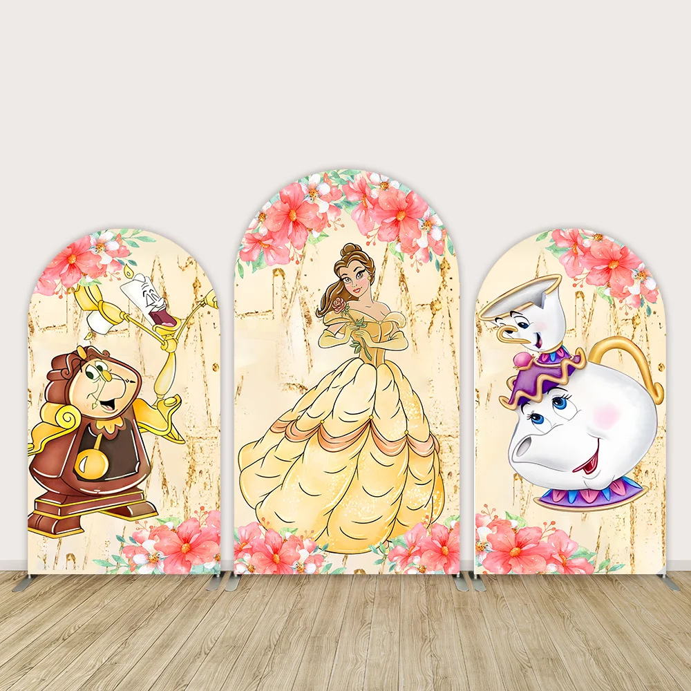 

Cartoon Princess Belle Arch Backdrop Cover for Girl Birthday Party Decoration Flower Beauty and Beast Chiara Arched Wall Banner