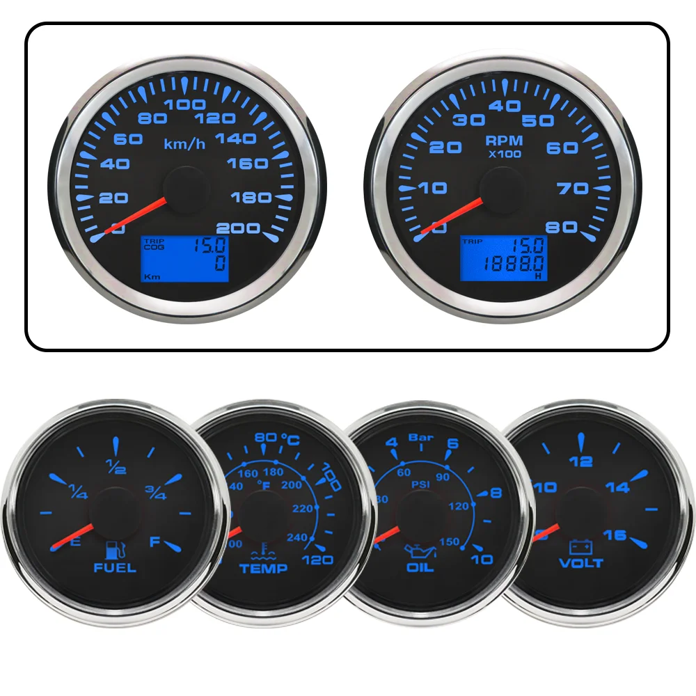 

Car Ship 6 Gauge Set 8 Colors Backlight 85MM GPS Speedometer Tachometer+52MM Water Temp Oil Pressure Fuel Level Meter Voltmeter