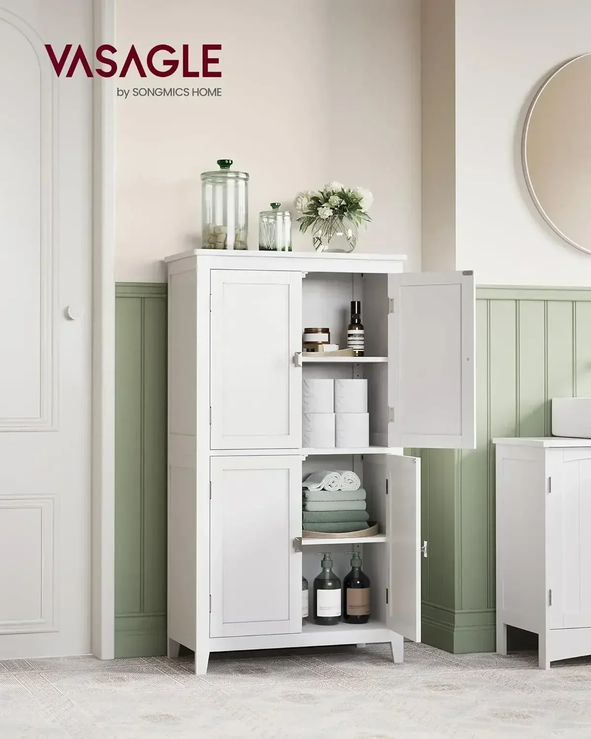 New2025-Bathroom Floor Storage Cabinet, Bathroom Storage Unit, Freestanding Cabinet with 4 Doors, Adjustable Shelves