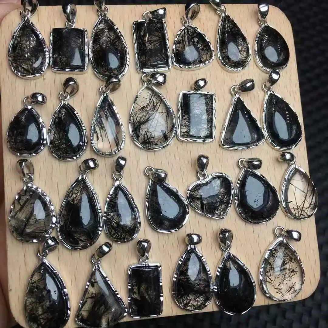 Unit One Piece 925 Silver With Natural Black Rutilated Hair Quartz Gemstone Crystal Teardrops Pendant For Gift 5