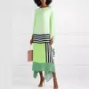 Fashion Printed Stripe Splicing Long Sleeve Dresses Women Autumn Summer Casual Loose Diagonal Shoulder Long Elegant Female Dress 1