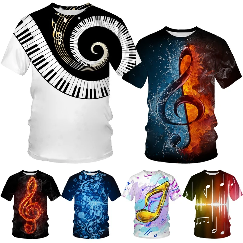 

Summer 2022 Unisex Short Sleeve Piano Print Shirt, Men's Crew Neck T-Shirt with Piano Notes 3d Print