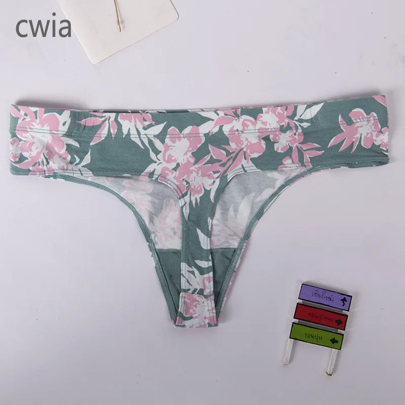 

Sexy Ladies Floral Printed Thong Elegant Solid Color Cotton G-string Elasticity Breathable Briefs T-back Seamless Underwear