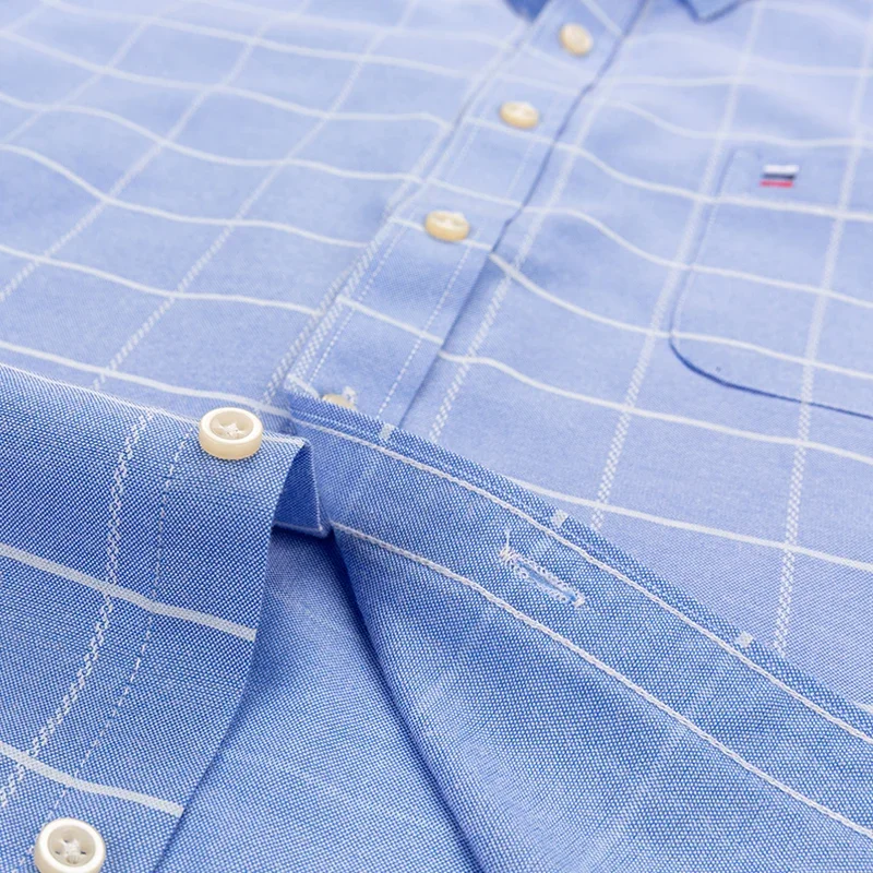 100% Cotton Breathable Men Oxford Short Sleeve Summer Plaid Shirts Striped Male Clothes Business Regular Fit Oversized 5