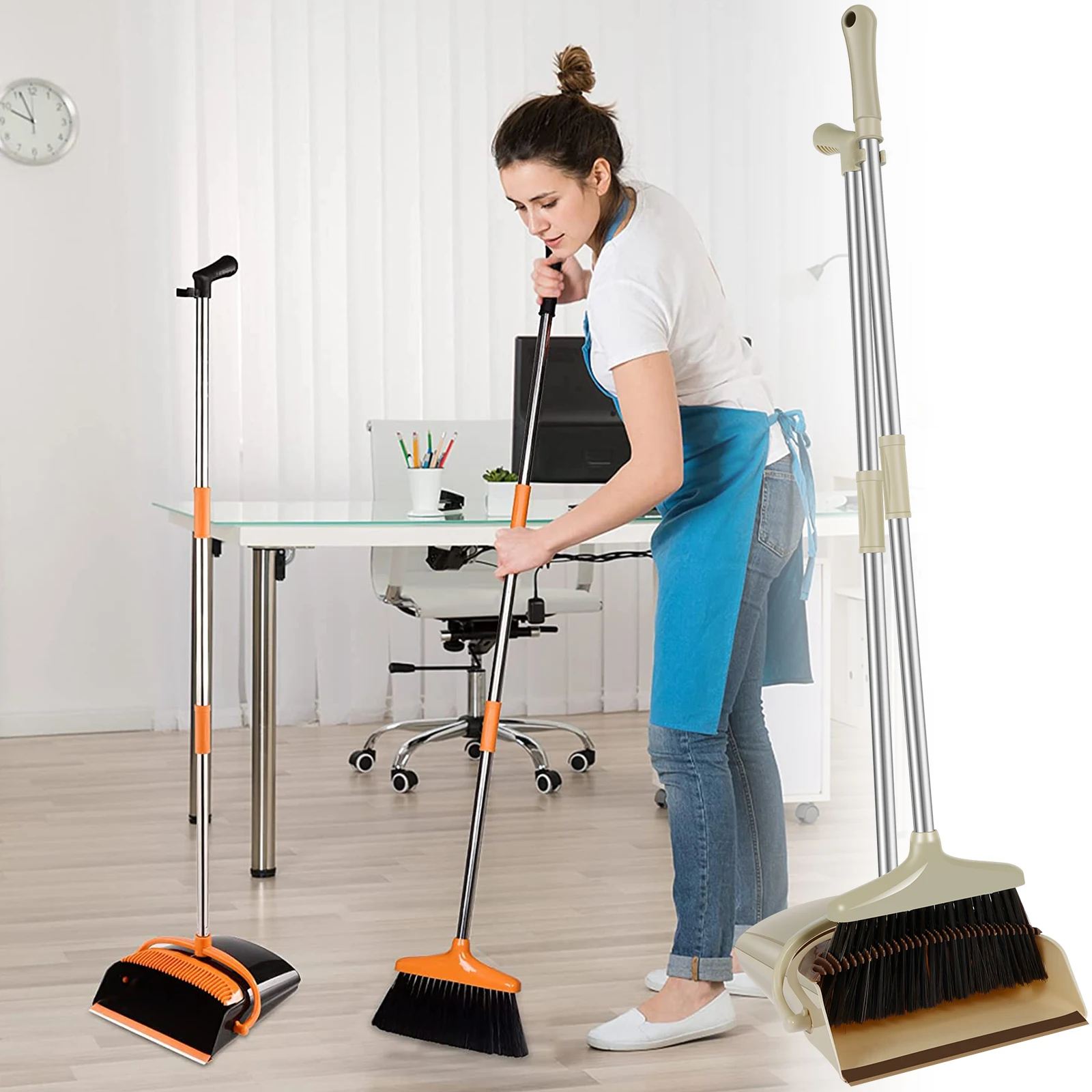 48 in. Black-Orange Long Stainless Steel Handle Upright Broom and Dustpan Set