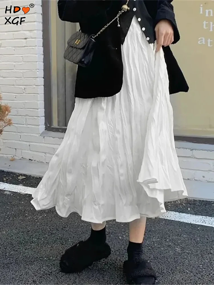 

Elegant Irregular Wrinkled Long Skirt Women High Waist Wrinkled Black White Pleated Skirt Korean Fashion Gothic Midi Saia 2024