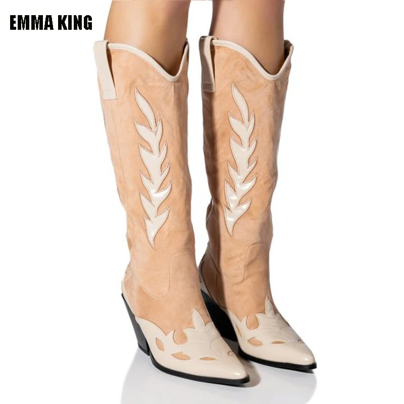 

2023 Knee Length Suede Women Boots Vintage Embroidery Cowhide Patchwork Pointed Toe High Heel Knight Chelsea Boots 44