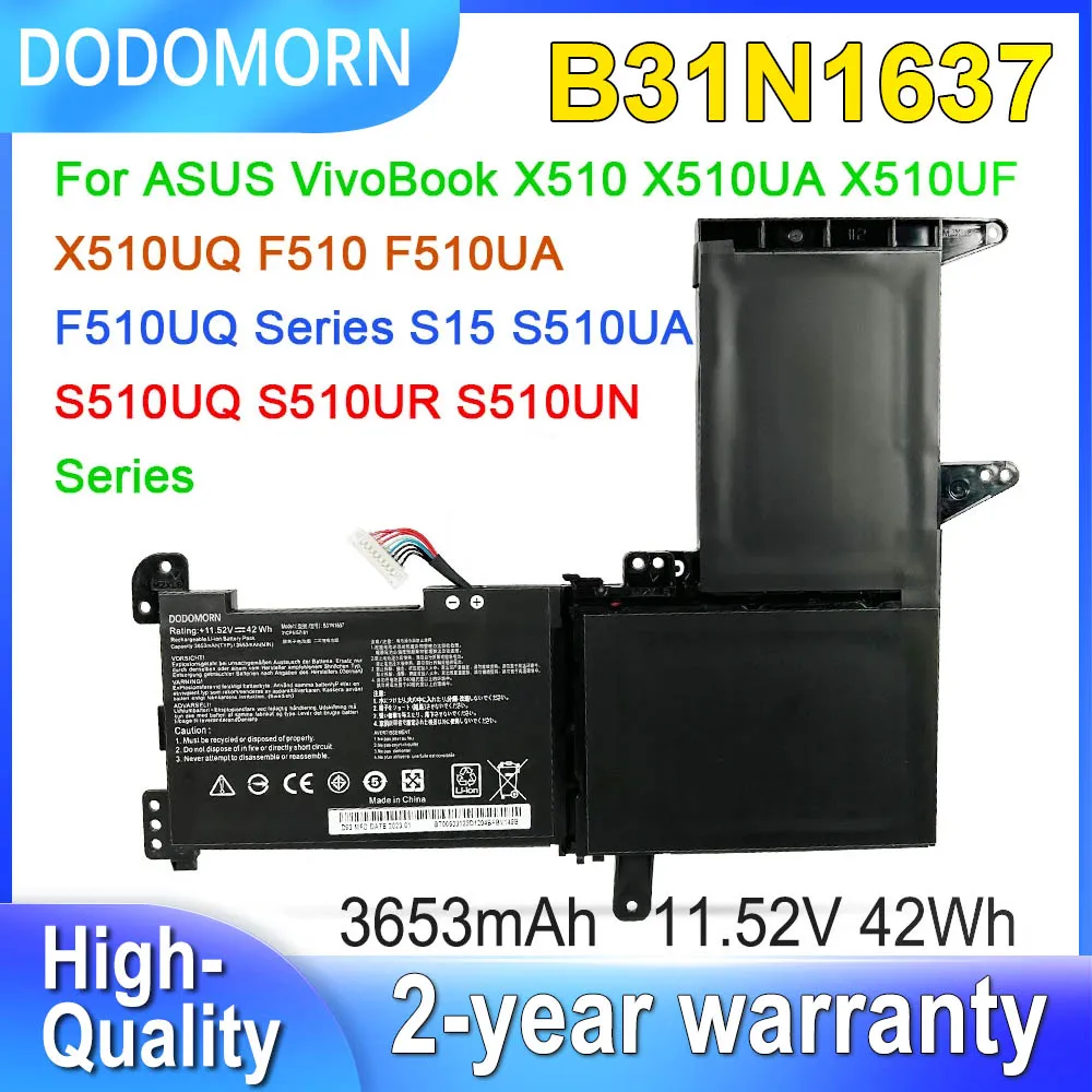 

DODOMORN B31N1637 Laptop Battery For ASUS X510 X510UA X510UF X510UQ F510 F510UA F510UQ S510UA S510UQ S510UR C31N1637 42Wh 11.52V