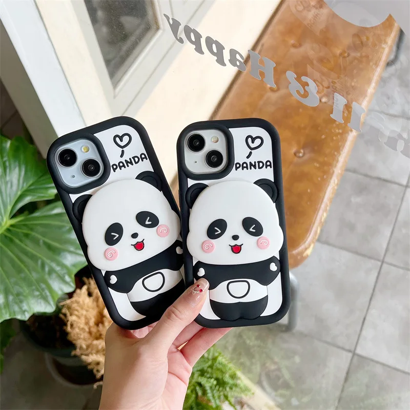 Adorable Panda Flip Mirror Silicone Phone Case - Shockproof Protective Cover
