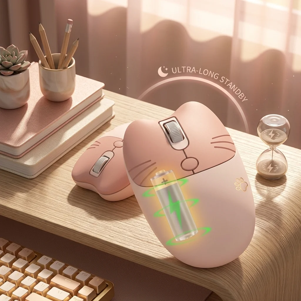 귀여운 고양이 무선 배터리 마우스, 여성용 휴대용 무소음 클릭 미니 디자인 마우스, 노트북 PC 사무실 컴퓨터 마우스용