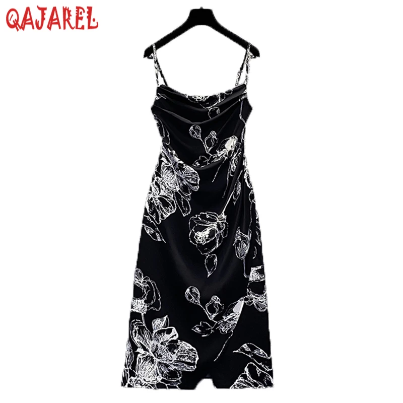 

Women White Floral Chiffon Sexy Midi Sling Dress Summer Fashion Light High Waist A-Line Dress 2024 Korean Elegnat Bodycon Dress