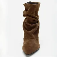 Suede Winter Women High Boots Pointed-Toe Pleated Short Boots Female Brown Retro Elegant Designer Ankle Boots Bottes Femmes - Image 2