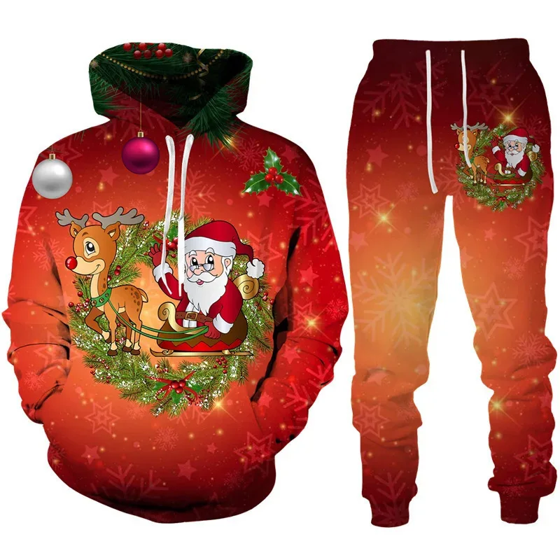 Christmas Reindeer 3D Print Hoodie Pant Sets for Men