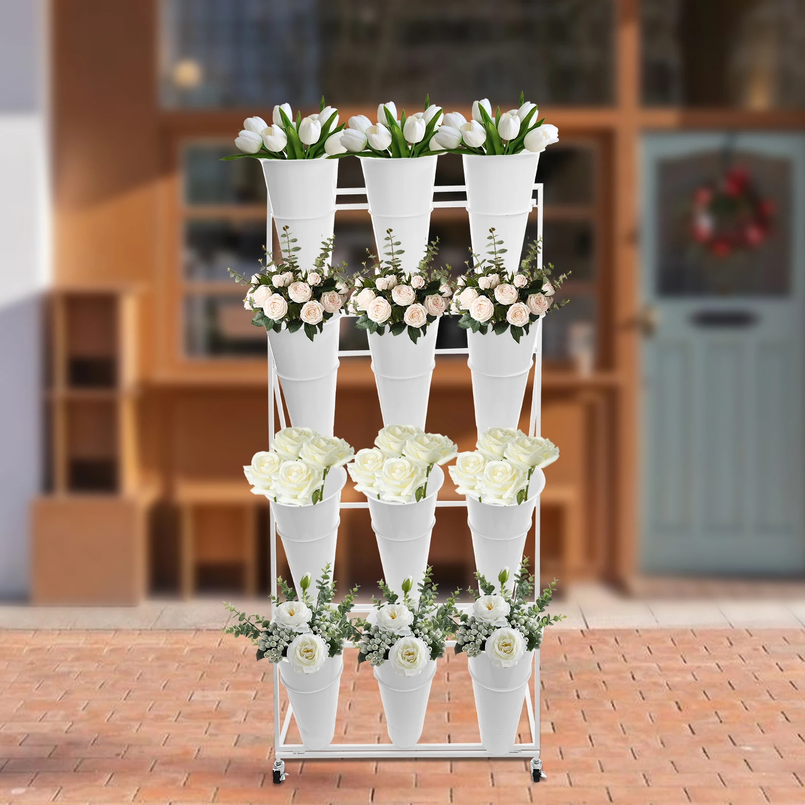 

4-Layer Moving Plant Stand Flower Display Stand Flower Holder w/12Pcs Bucket & Wheels for Indoor Outdoor Patio Garden Florist
