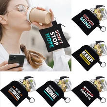 

2022 Unisex Coin Bag Personality Phrase Print Pattern Earbuds Key Storage Bag Small Object Ring Buckle Zipper Black Canvas Mini