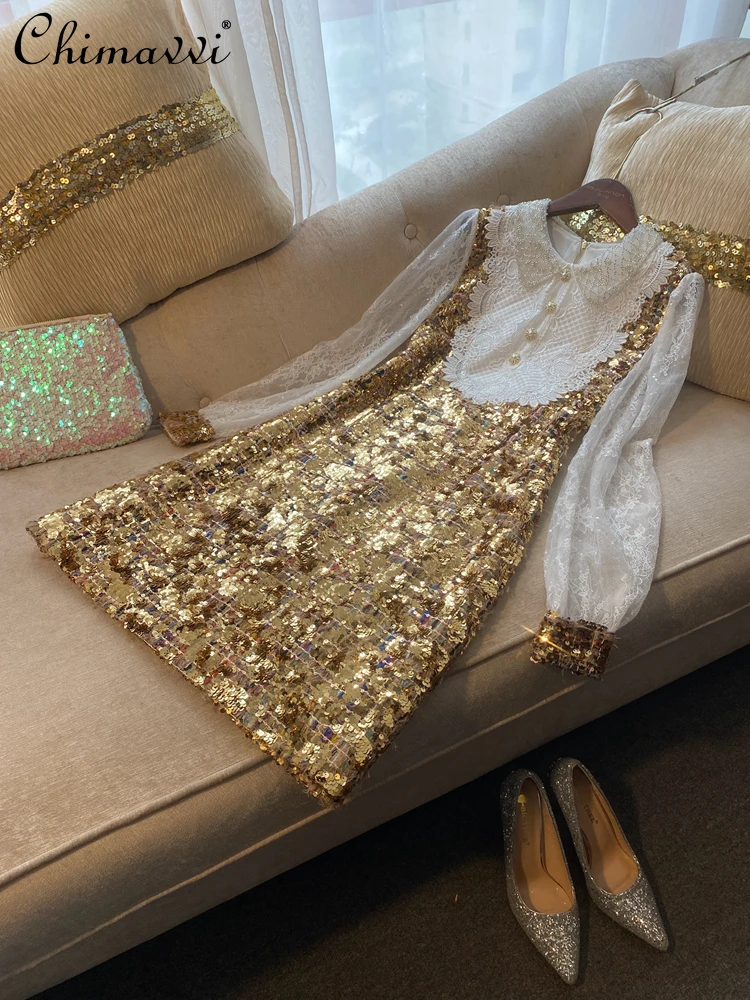 

Women's Fashion High-End Gold Sequined Lace Sleeve Dress 2024 Spring Clothes New Slim-fit Temperament Party Short Ladies Dress