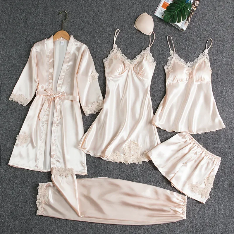 New Women's pajama Satin 5PCS Summer Lace Patchwork Sexy Women Nightwear Thin Style Robe Sleep Suit Nightdress With Chest Pads