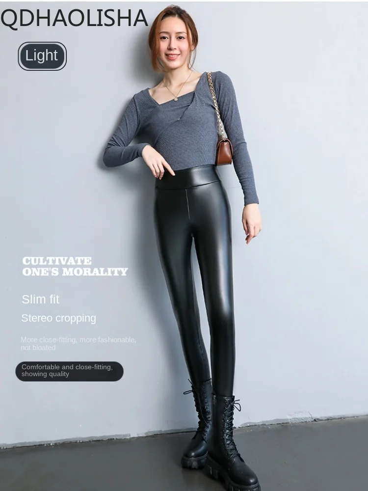 

Women Leather Pant Outerwear Plush Thicken Leggings High Waisted Slim Tight Fitting PU Leather Warm Pants Pencil Trousers Winter