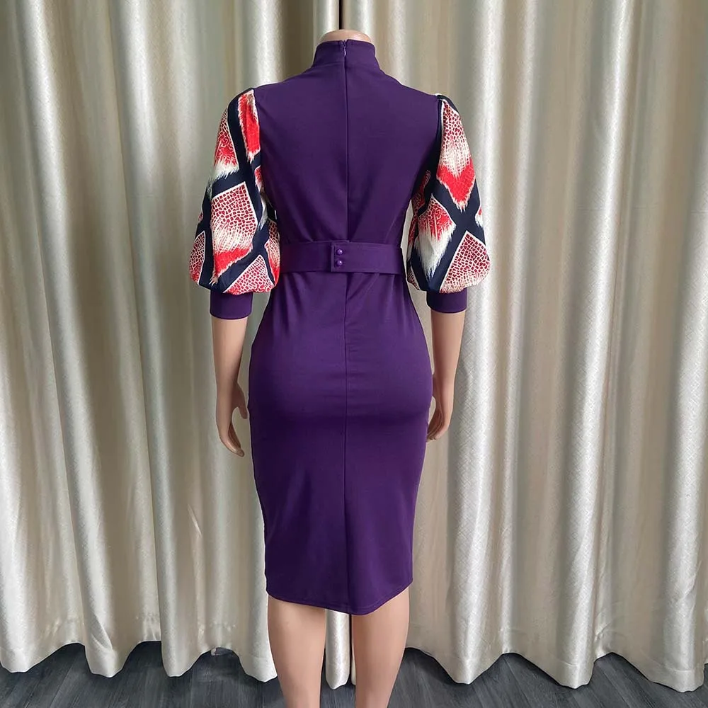 2022 Summer New Hot Sale European And American Style Puff Sleeve Printed Solid Waist Pencil Dress African Dress african fashion style