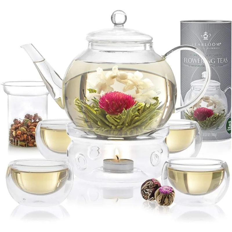 

Complete Tea Set – Teapot (40 OZ), Loose Tea Infuser, 4 Insulated Glass Teacups, Tea Warmer, and 12 Flowering Teas – Elegant