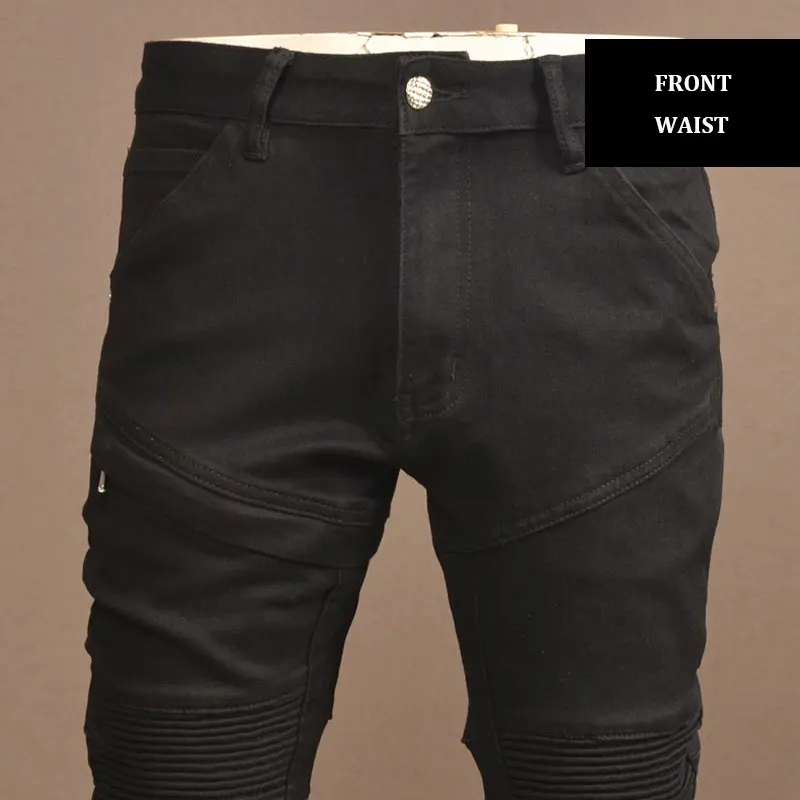 High Street Fashion Men Jeans Black Stretch Skinny Fit Biker Jeans Homme Spliced Designer Zipper Pocket Hip Hop Denim Pants Men