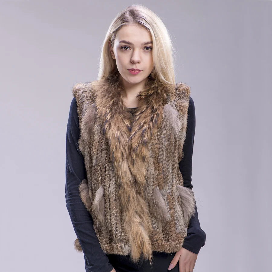 

High waistcoat/jackets quality fur Free knitted shipping raccoon womens collar natural rabbit real winter vest with