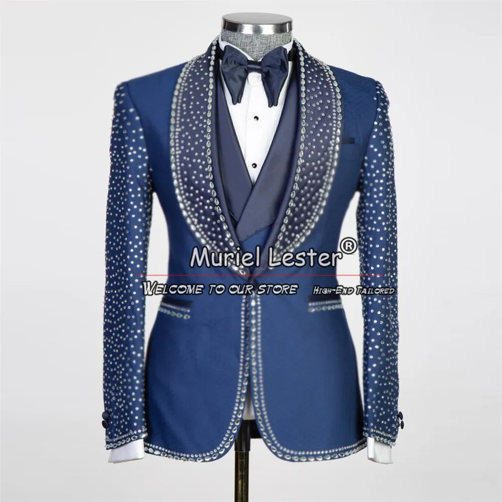 

Royal Man Beaded Stone Wedding Suits Luxury Handmade Prom Blazer Business Party 3 Pieces Groom Tuxedos Tailor Made Costume Homme