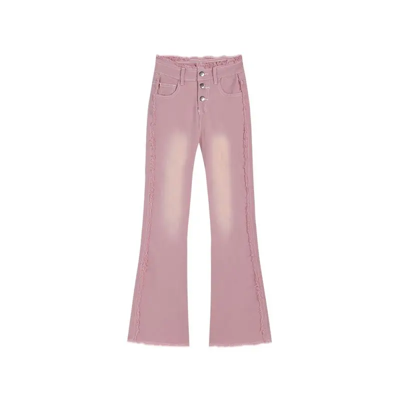 Pink Raw Edge Patchwork Korean Fashion Jeans Women\'s High Waisted Slim Flared Denim Pants