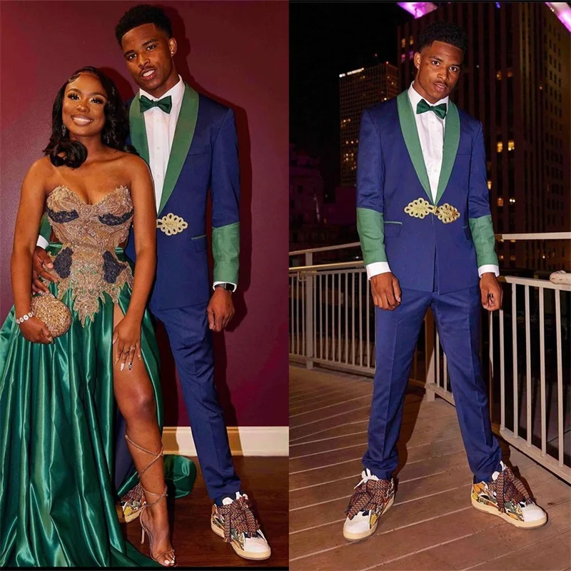 

Blue Splicing Colors 2 Pieces Men Suits Set Wedding Groom Tuxedo Blazer+Pants Custom Made Prom Dress Male Coat With Frog