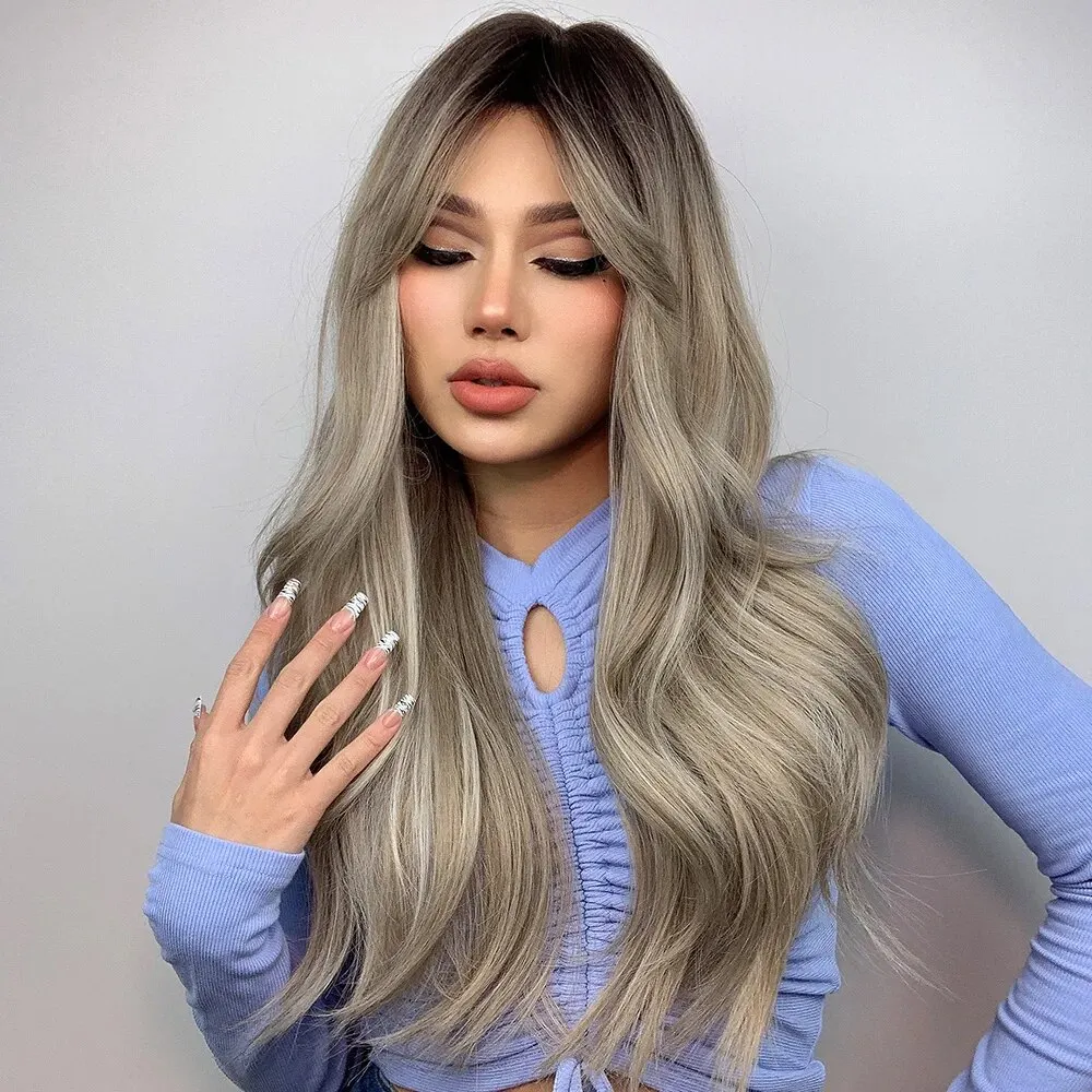 Brun Blond Ombre Peruk Naturligt Hår För Kvinnor Lång Vågig Med Mörka Rötter Syntetisk Peruk För Kvinnor Värmebeständig Coaplay Peruker_voghion.com