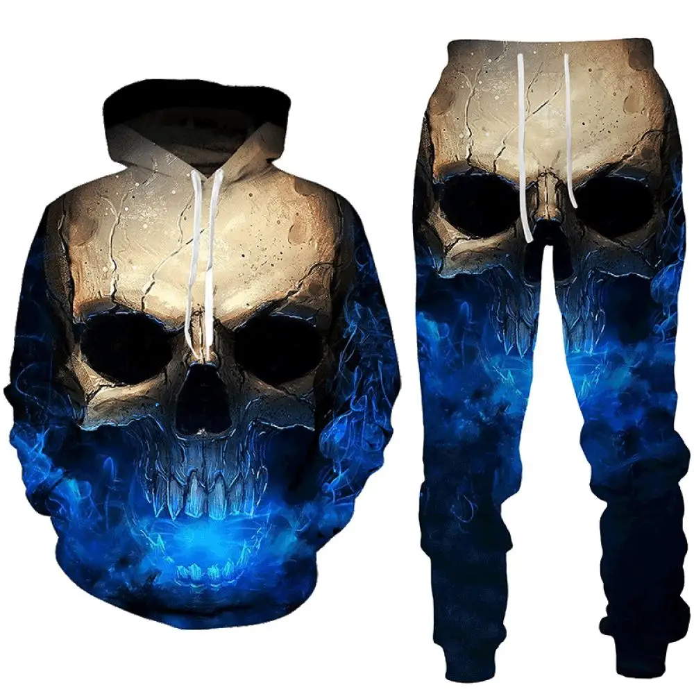 Men Flame Print Hoodie Sweatpants Tracksuit Set