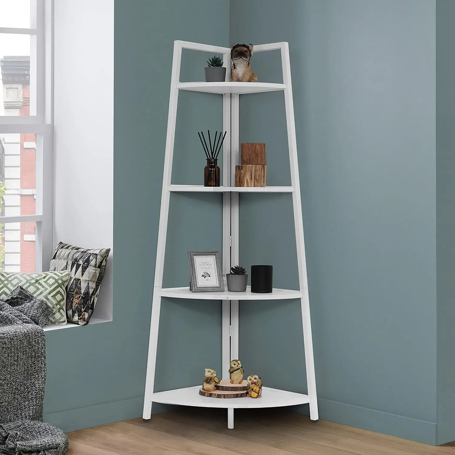 

Tall Corner Shelf Stand,4-Tier Display Shelves,Ladder Corner Wood Storage Plant Bookshelf with Metal Frame,Versatile Shelving