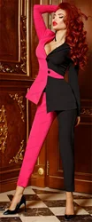 Splicing Colors Women Suits Set Blazer+Pants 2 Pieces Rose Pink And Black Formal Jacket Prom Dress Wedding Tuxedo Custom Made