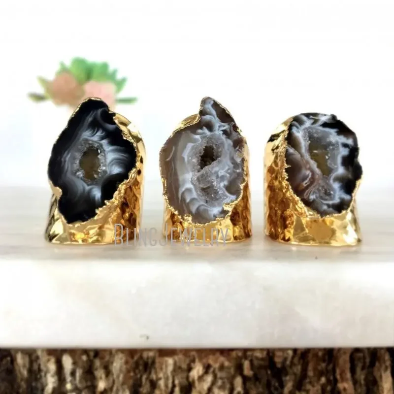 10pcs Raw Stone Agate Druzy Geode Women Engagement Boho Wide Band Fidget Worry Cuff Ring Statement Stainless Steel Goth Jewelry