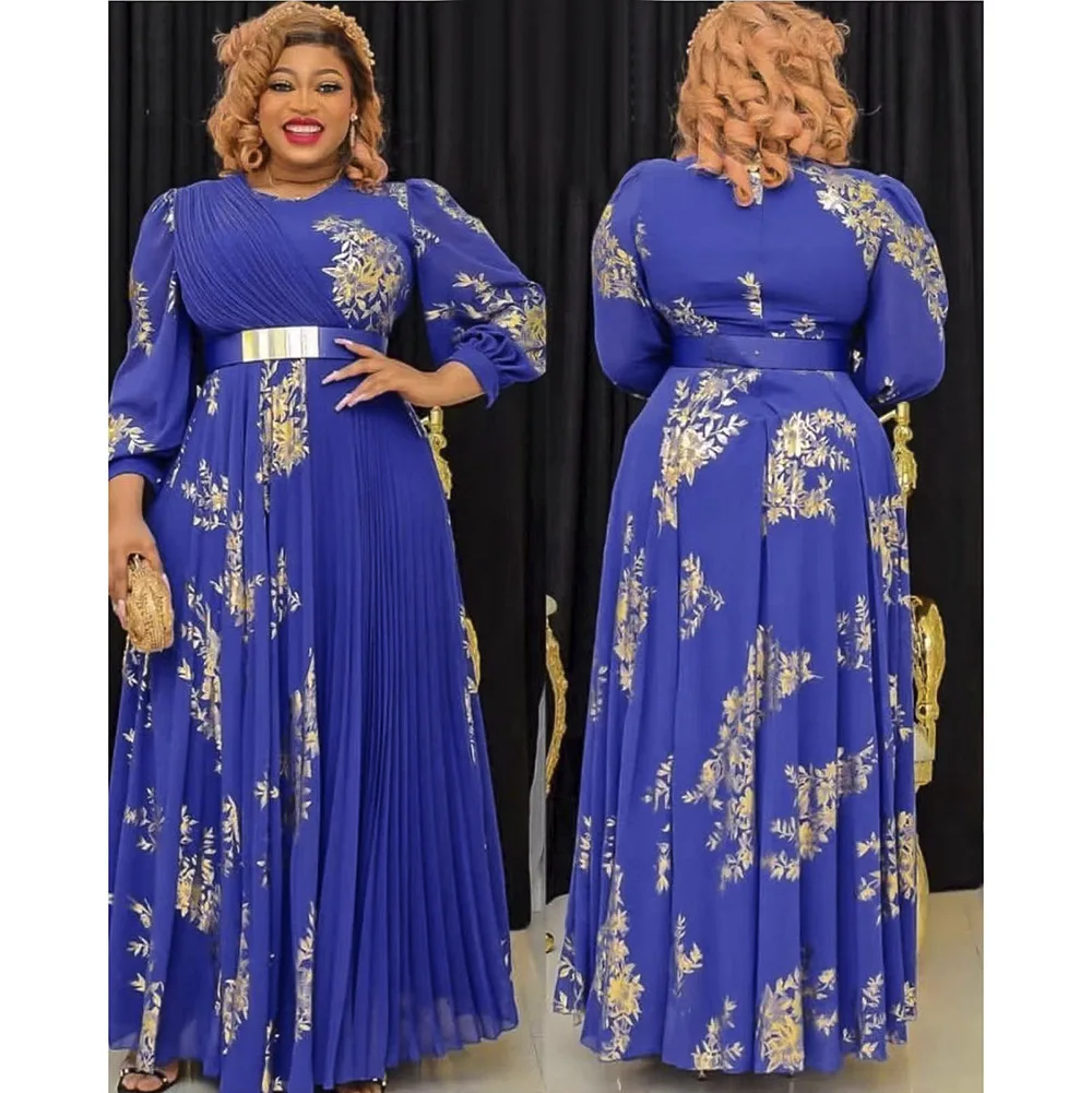 

2022 Summer Fashion African Women Long Sleeve O-neck Polyester Blue White Red Pink Long Dress African Dresses for Women L-3XL