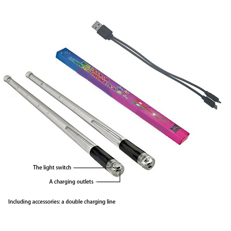 LED 발광 드럼스틱, 그라데이션 USB 충전식, 스위치 전자 드럼스틱, 무대 공연용, 15 색