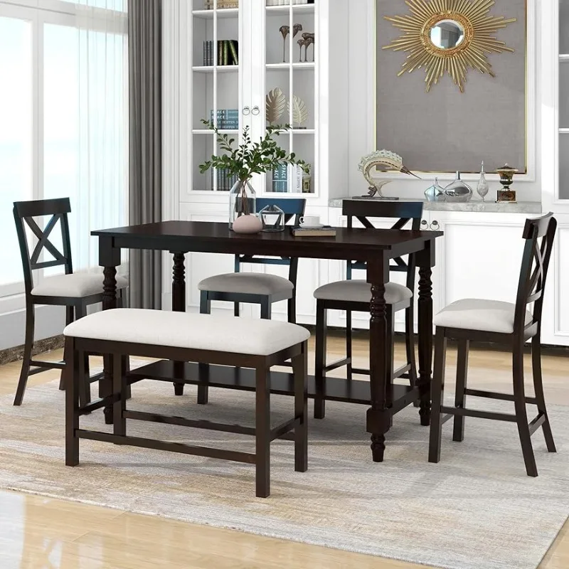 

FIQHOME Pieces Counter Height, Wood Rectangle Shelf 4 Bench, Kitchen Dining Table Chairs Set for 6 Persons,Espresso