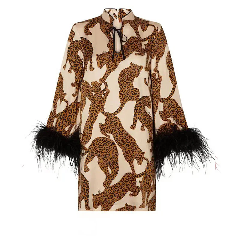 

Classic Style Stand Collar Hollow Slim Dress Elegant Women Patchwork Feather Club Dress 2024 Chic Long Sleeve Print Party Dress