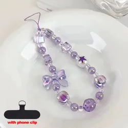 Colorful Beaded Phone Charm Bracelet with Bow Design (Purple)
