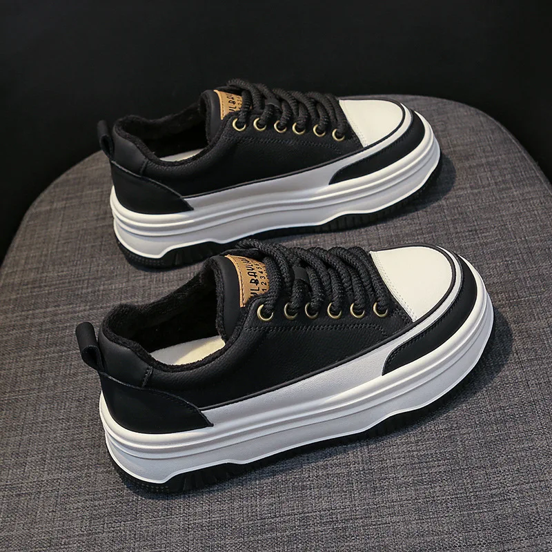 

Genuine Leather Women's Shoes 2023 Autumn/Winter New Plush Warm Versatile Casual Sports Zapatos para mujeres Platform Sneakers