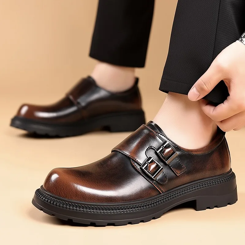 British Cowhide Platform Metal Buckle Leather Shoes for Men Designer Soft-soled Men's Wedding Shoes Fashion Business Shoe Male 5