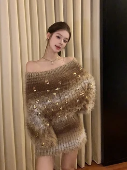 Strive Umei Vintage Sequin Knitwear Shoulder Baring Dress for plus Size Women Spring Season Short Sleeve Long Dress