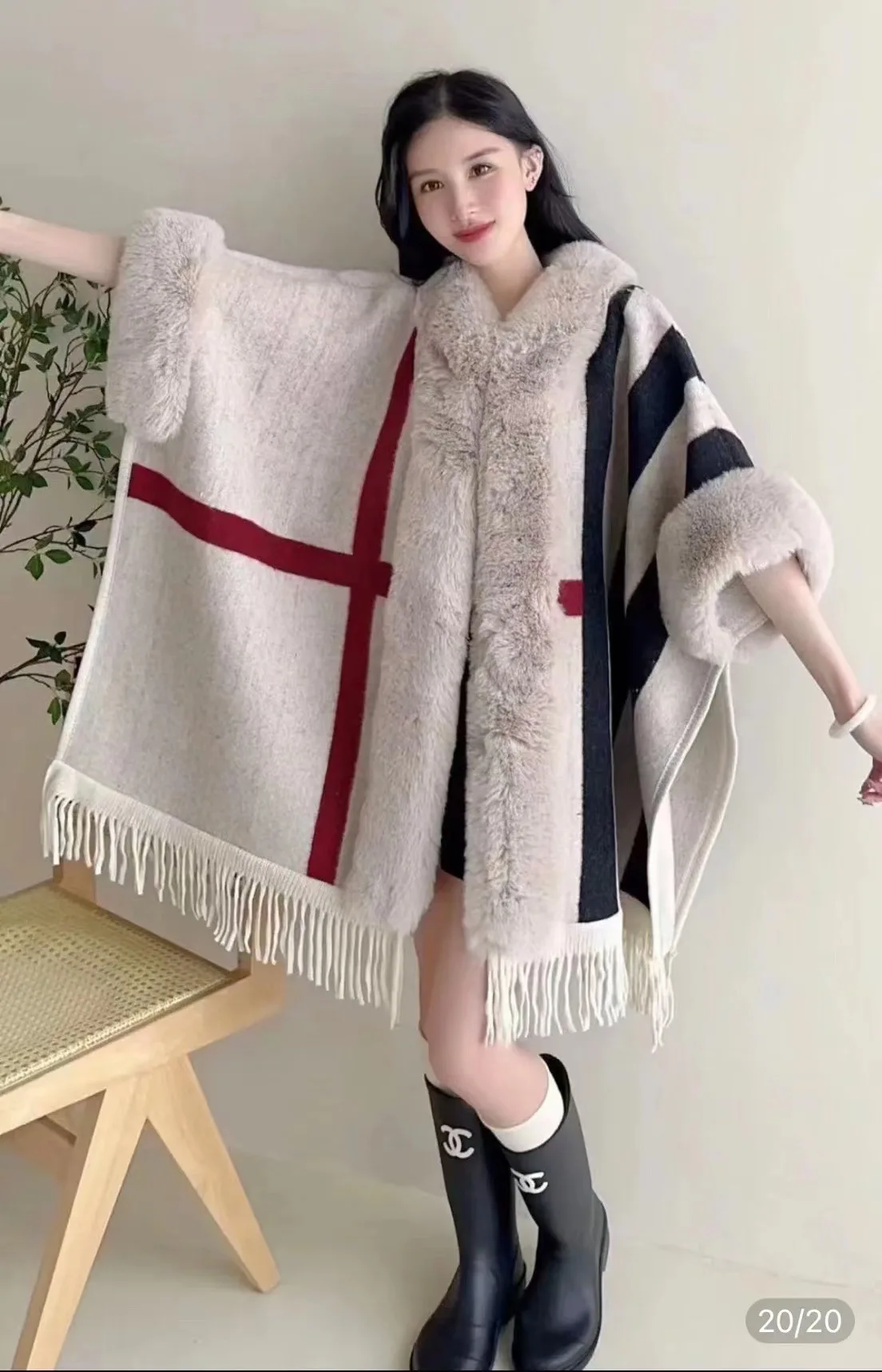 Женское зимнее свободное пончо с воротником из искусственного меха