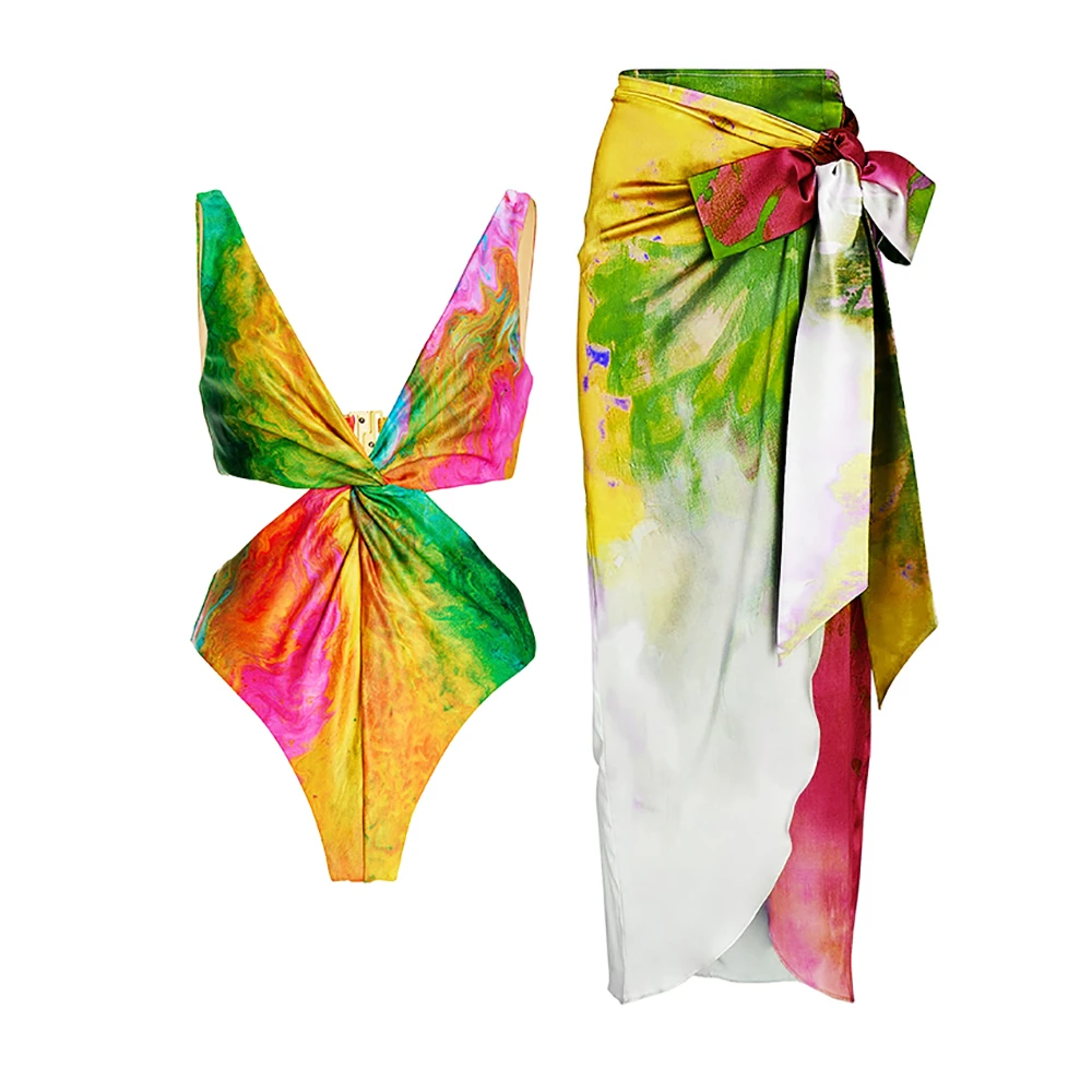 Smudged Printed One Piece Swimsuits Cutout V neck Bikinis Fashion