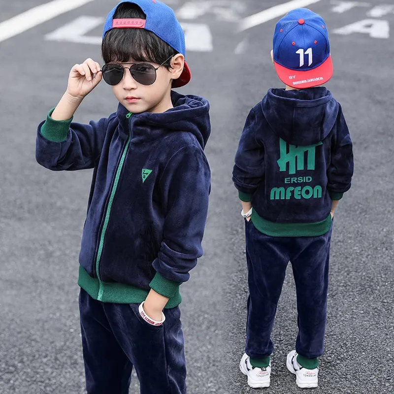 

Boys Coat +Trousers Cotton Kids Sport Suits 2PCS/Set 2023 Velvet Spring Autumn School Teenagers Tracksuit Children Sets